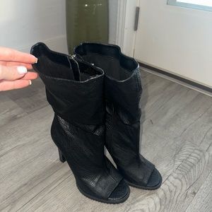 DKNY black faux leather heeled boots with open front. Size 8. Worn once.